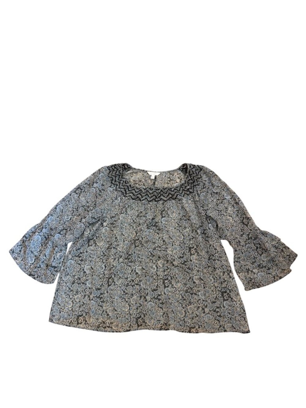 Lauren Conrad Blouse Top XL Paisley Bell Sleeve Embroidered Neckline Sheer